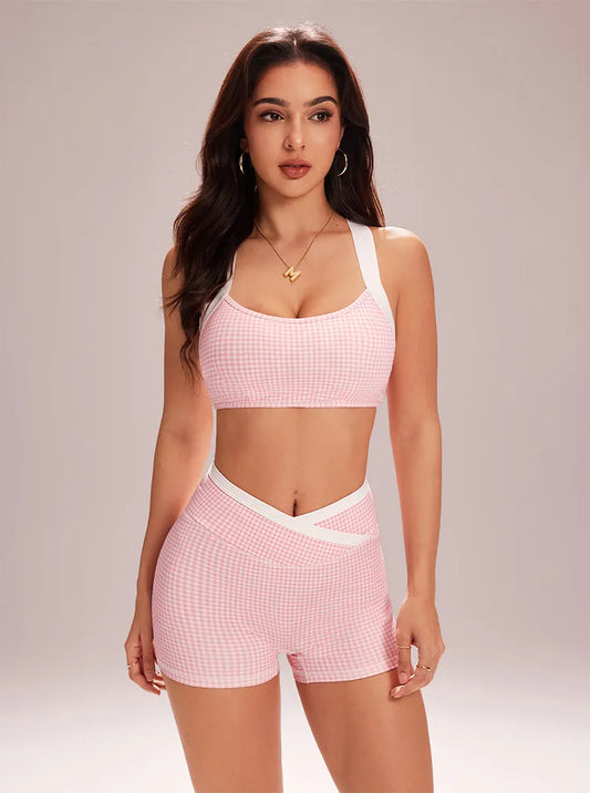 Women's Checkered Print Wide Straps Bra And Shorts Set