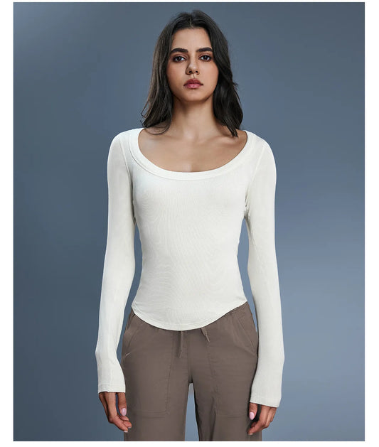 WutongActive - gym wear supplier Women's Modal Long Sleeve Yoga Top Off Shoulder Bone White