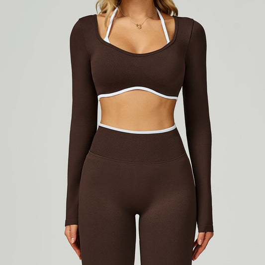 WutongActive Fake Two-Piece Crop Slim Fit Yoga Tee for Running and Fitness White-Brown Contrast
