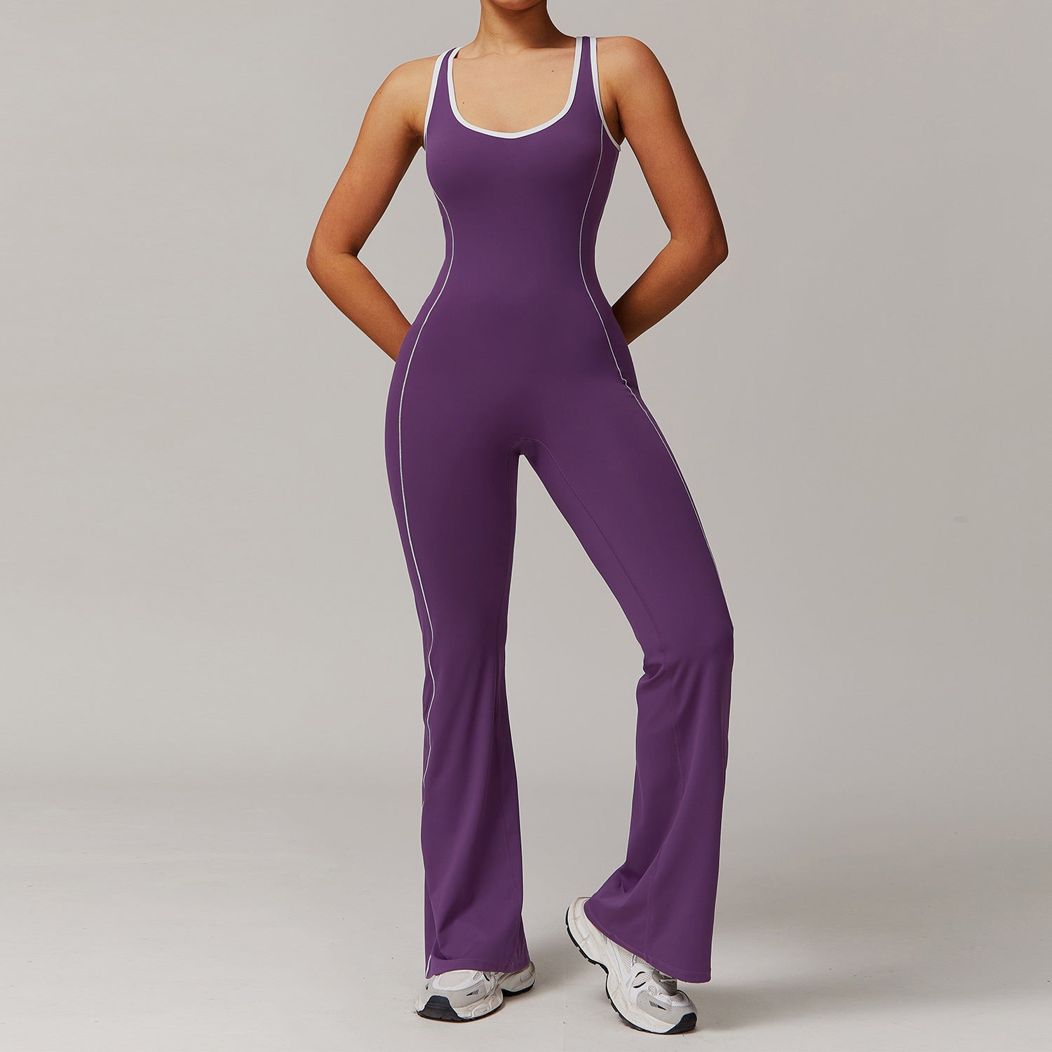 Hollow - Out Back & Hip - Lifting Gathered Flared Yoga Jumpsuit - WutongActive