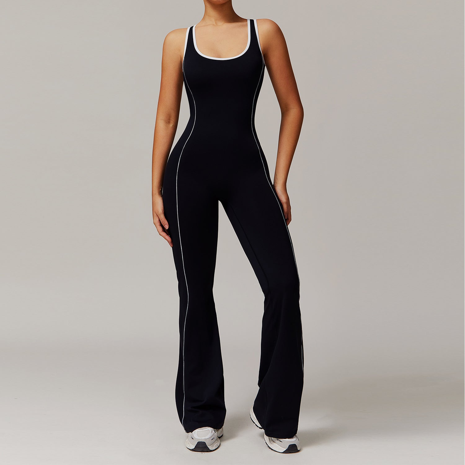 Hollow - Out Back & Hip - Lifting Gathered Flared Yoga Jumpsuit - WutongActive