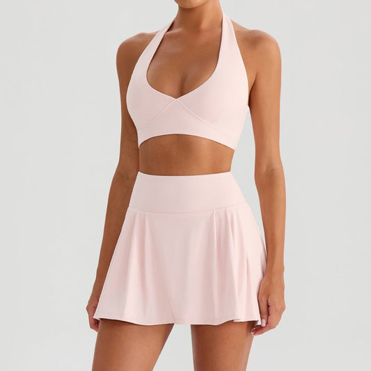 WutongActive Women's Halter Bra & Skirt Set | Tennis Dress and Running Shorts Combo SakuraPinkYogaSet