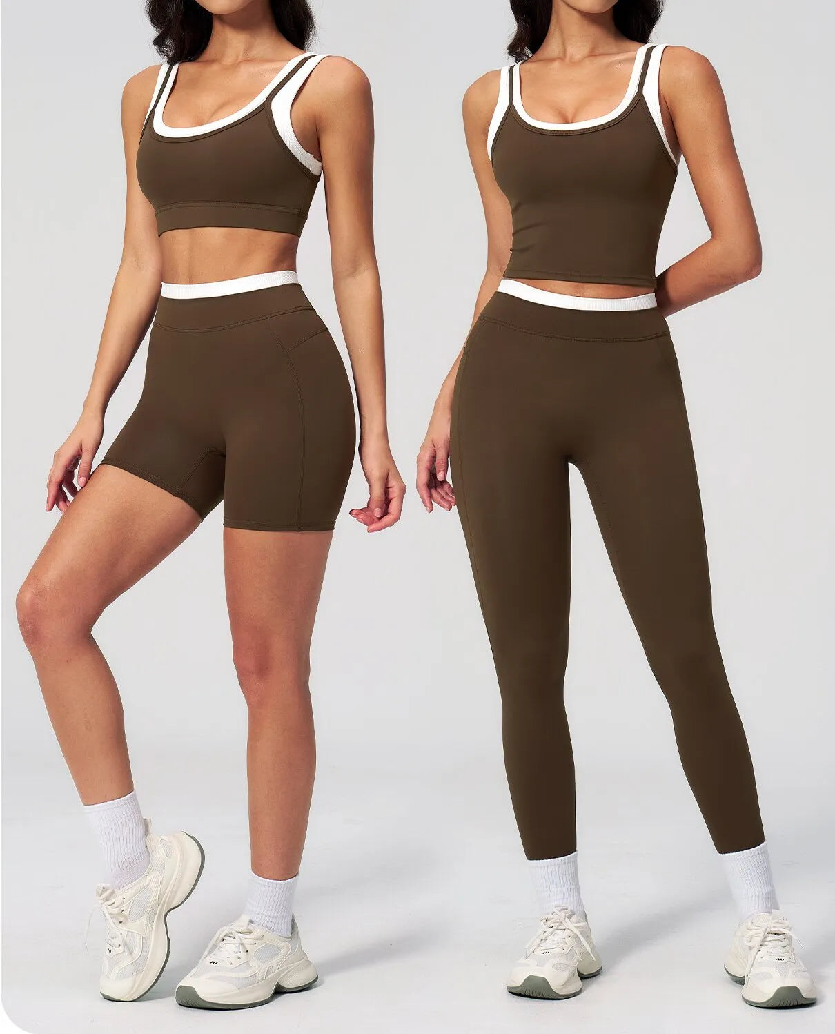 WutongActive Women's Ribbed High-Waist Activewear Set | Vest, Bra, Shorts & Pants Roasted Tea Brown