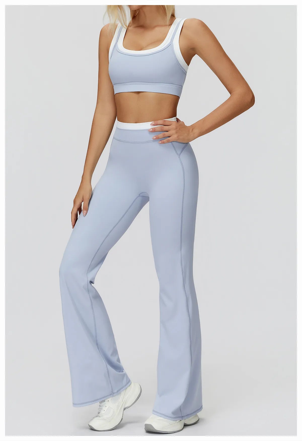 WutongActive Women's Ribbed High-Waist Activewear Set | Vest, Bra, Shorts & Pants Misty Blue