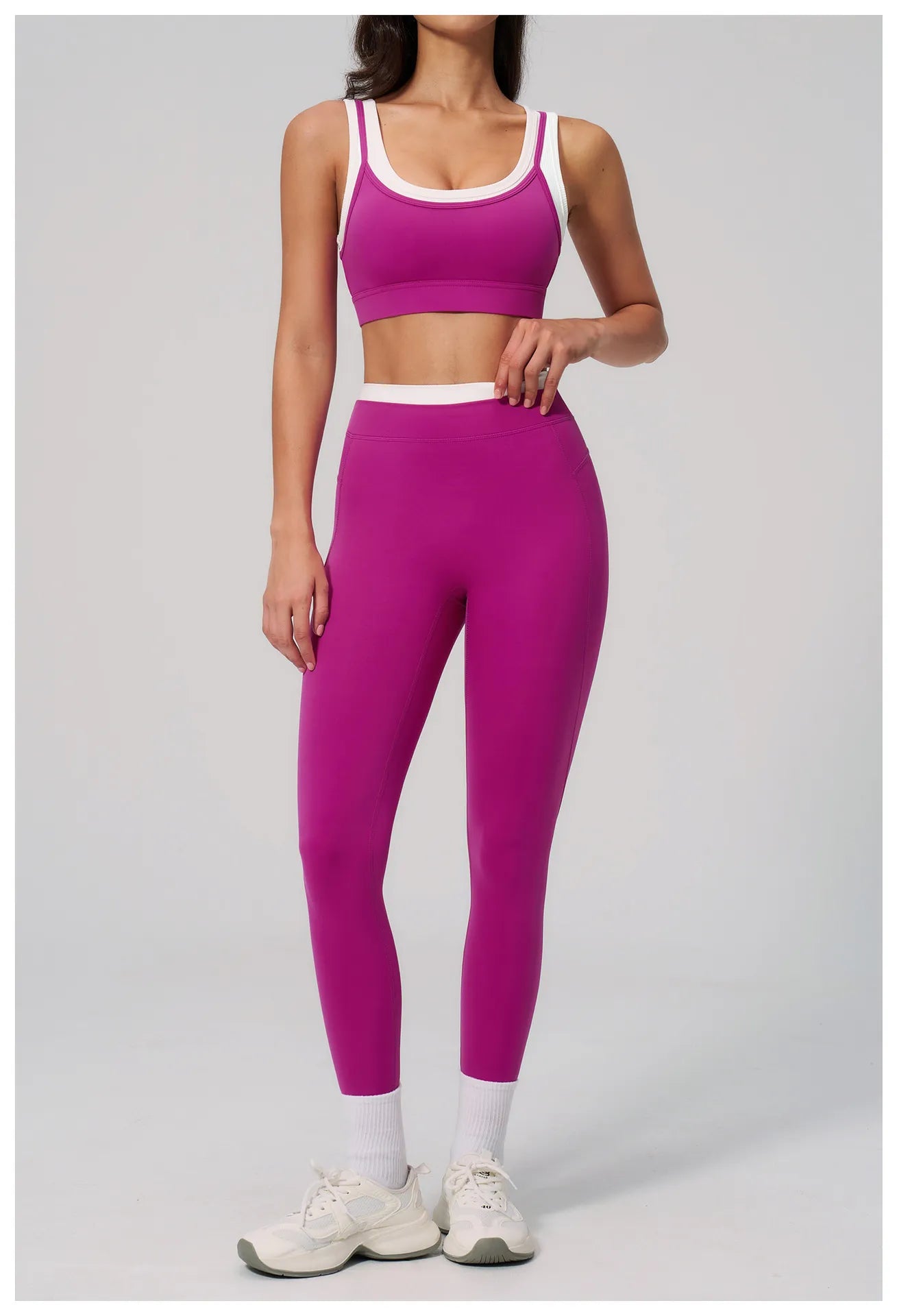 WutongActive Women's Ribbed High-Waist Activewear Set | Vest, Bra, Shorts & Pants Dragon Fruit Color