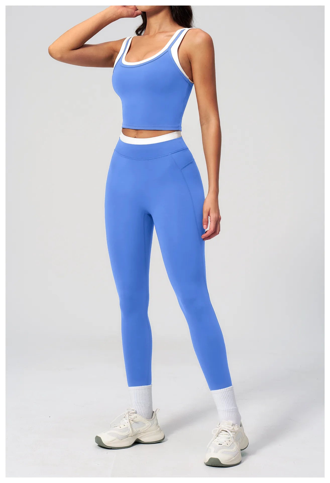 WutongActive Women's Ribbed High-Waist Activewear Set | Vest, Bra, Shorts & Pants Sky Blue