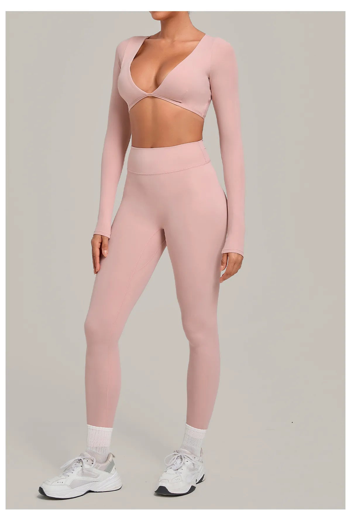 WutongActive Long-Sleeve Yoga 2-Piece Set - Deep V Crop Top & Peach Booty Leggings | Gym Wear Supplier Dusty Rose