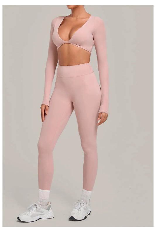 WutongActive Long-Sleeve Yoga 2-Piece Set - Deep V Crop Top & Peach Booty Leggings | Gym Wear Supplier Dusty Rose