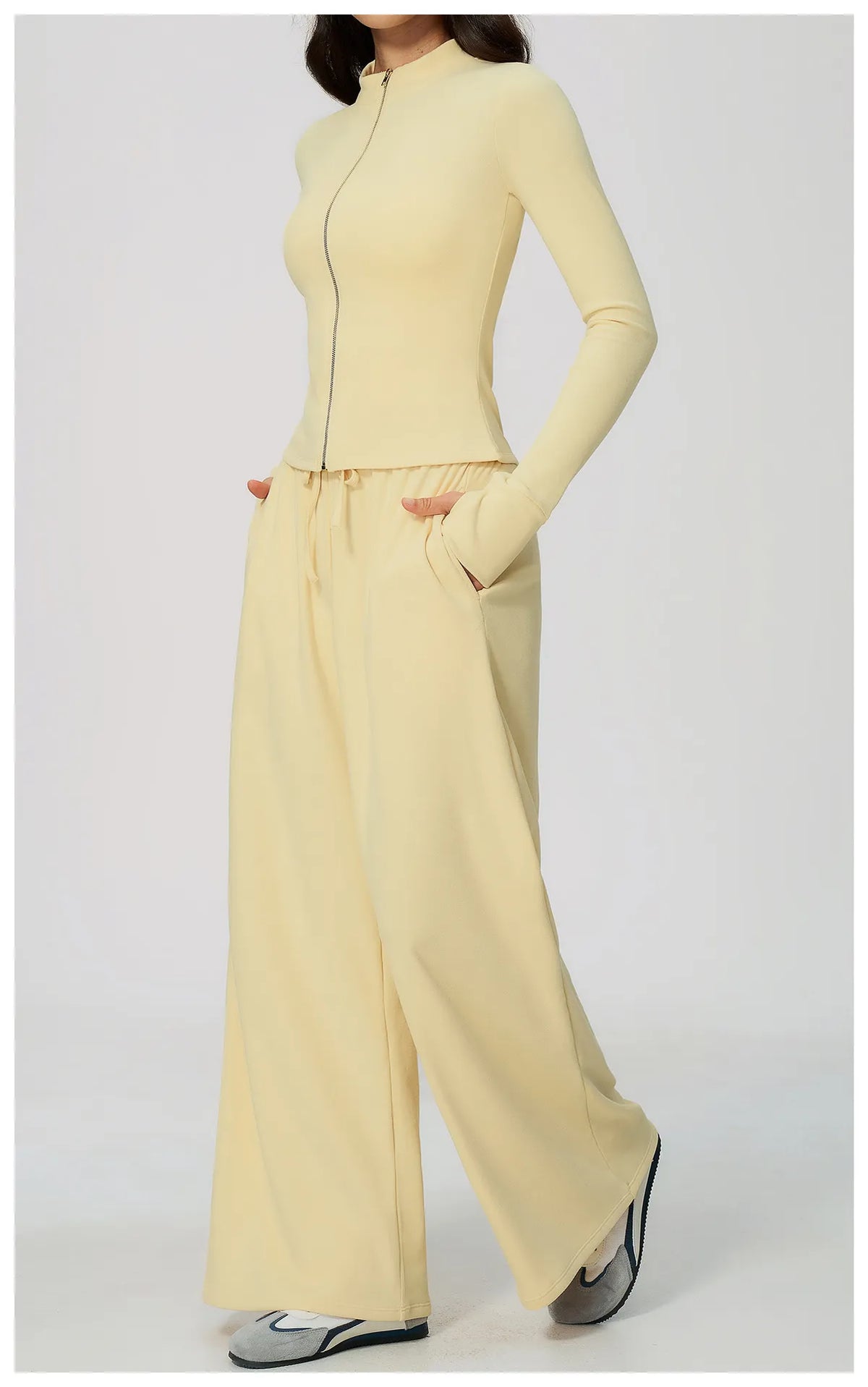 WutongActive Ribbed Dralon Thermal Yoga 2-Piece Set - Zip Jacket & Wide-Leg Pants | Gym Wear Supplier Cheese Butter Yellow