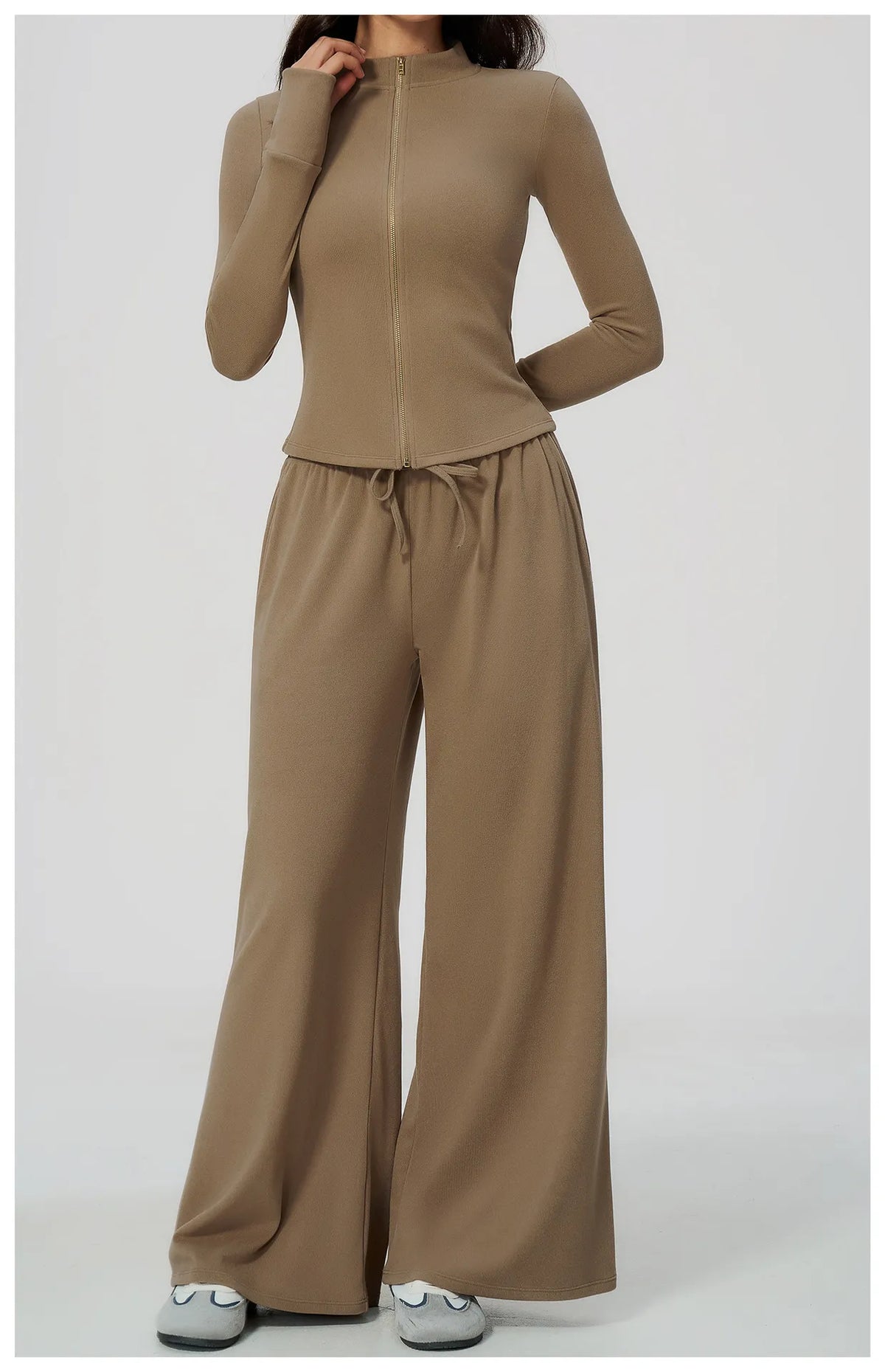 WutongActive Ribbed Dralon Thermal Yoga 2-Piece Set - Zip Jacket & Wide-Leg Pants | Gym Wear Supplier