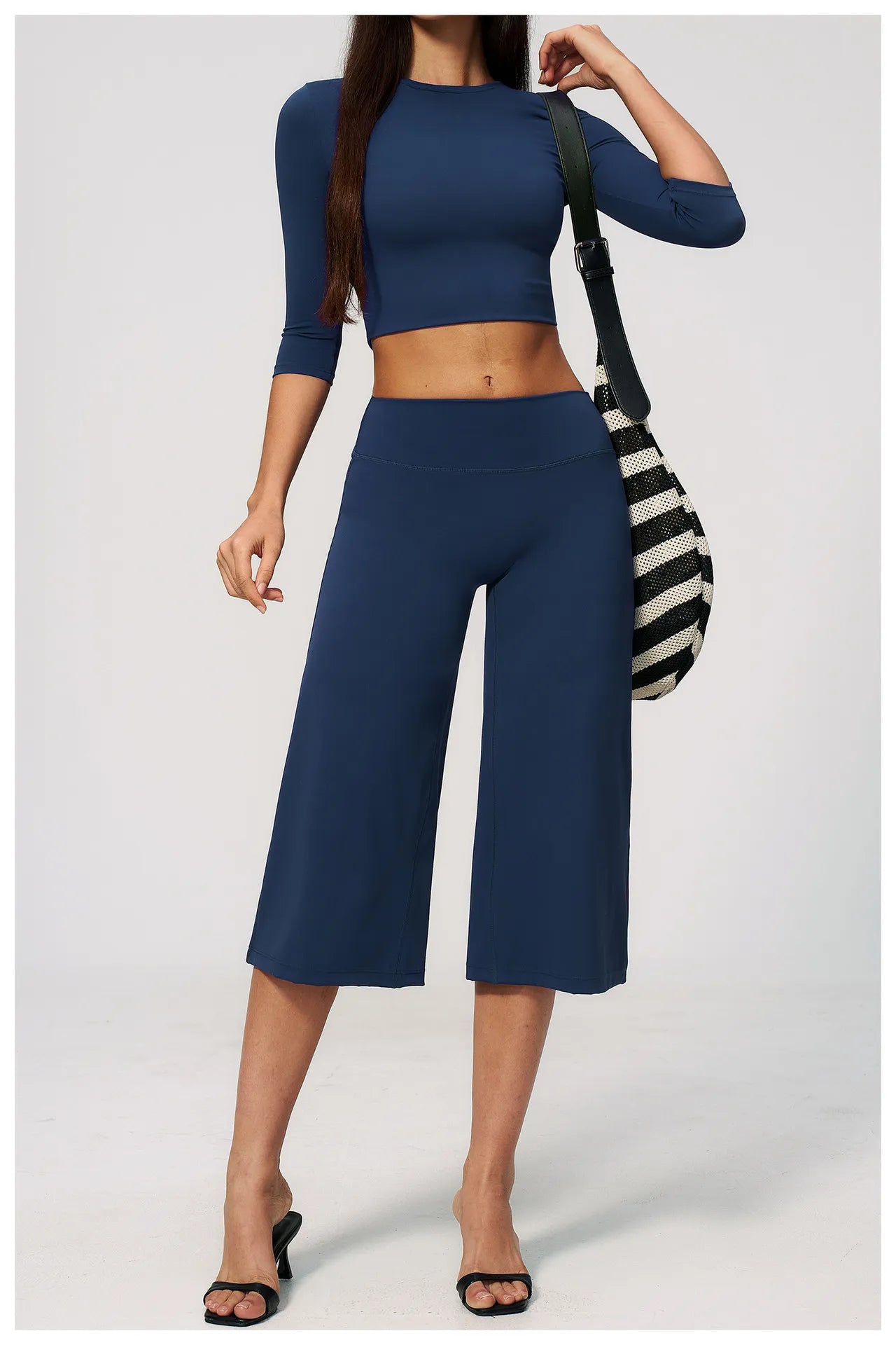  Half-Sleeve Crop Top & High-Waist Wide-Leg Cropped Pants | Gym Wear Wholesale |