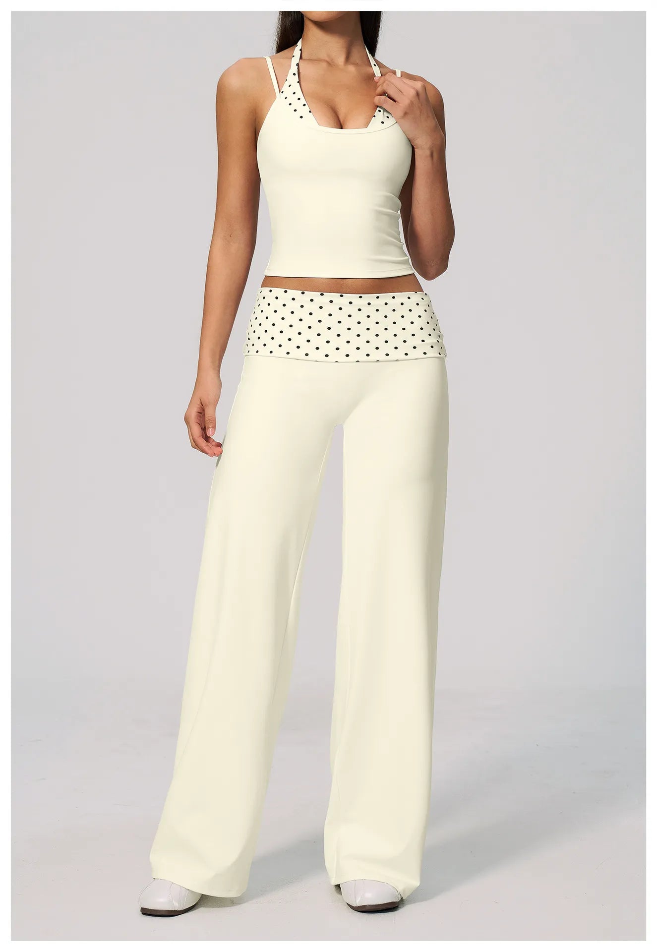 WutongActive Women's Retro Polka Dot 2-in-1 Gym Set | Open-Back Vest & Fold-Over Leggings Cream White Polka Dot