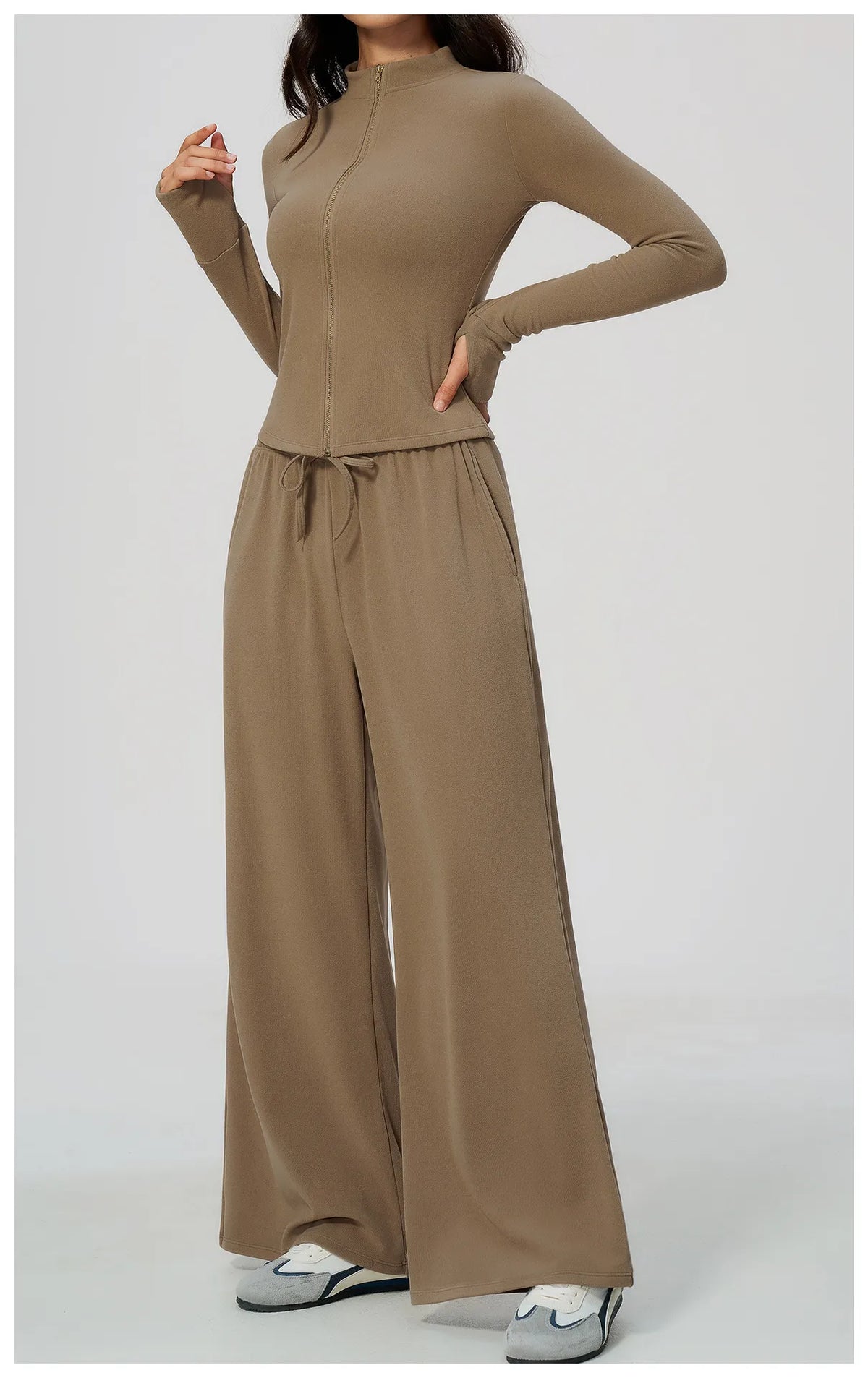 WutongActive Ribbed Dralon Thermal Yoga 2-Piece Set - Zip Jacket & Wide-Leg Pants | Gym Wear Supplier Misty Camel