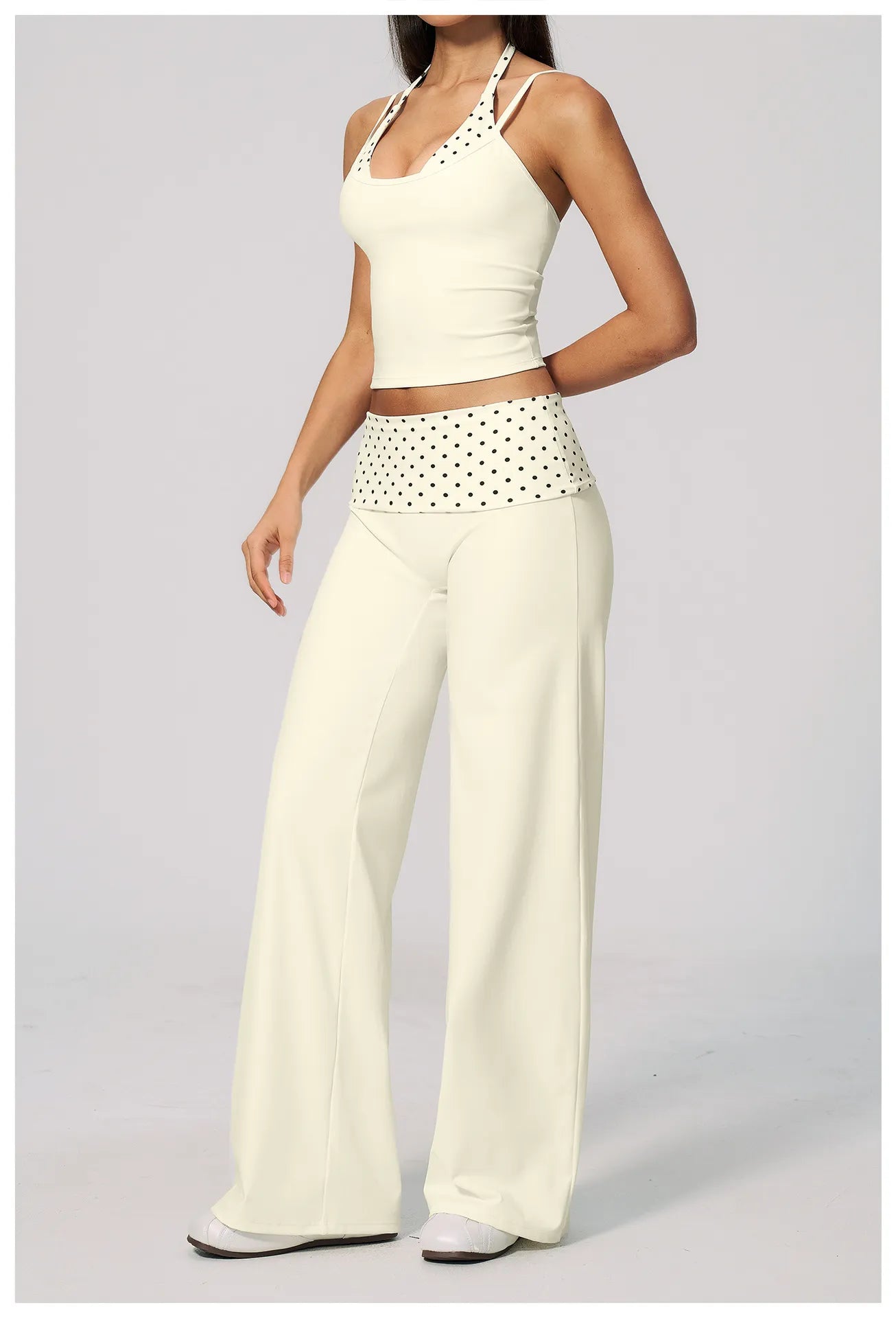 WutongActive Women's Retro Polka Dot 2-in-1 Gym Set | Open-Back Vest & Fold-Over Leggings