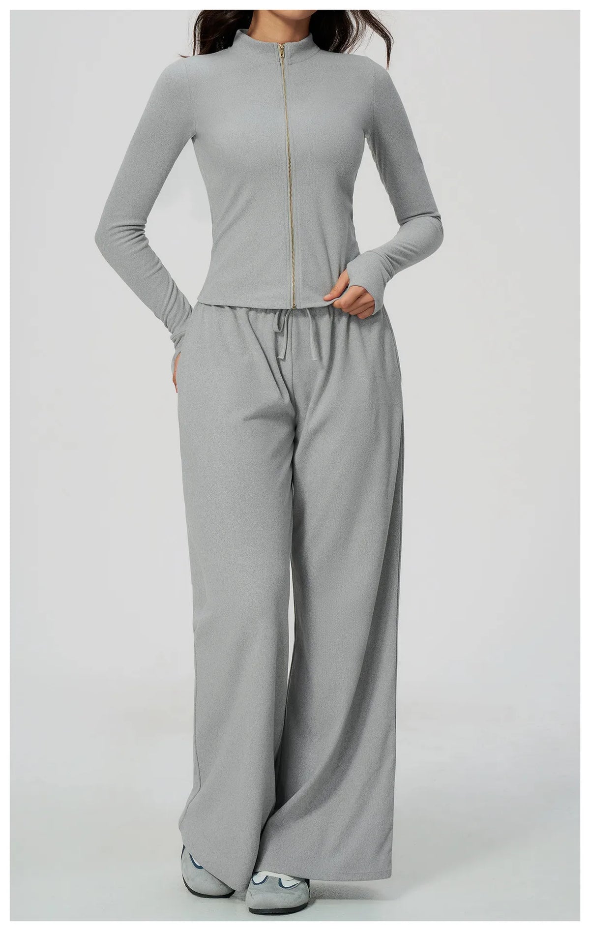 WutongActive Ribbed Dralon Thermal Yoga 2-Piece Set - Zip Jacket & Wide-Leg Pants | Gym Wear Supplier Heather Grey