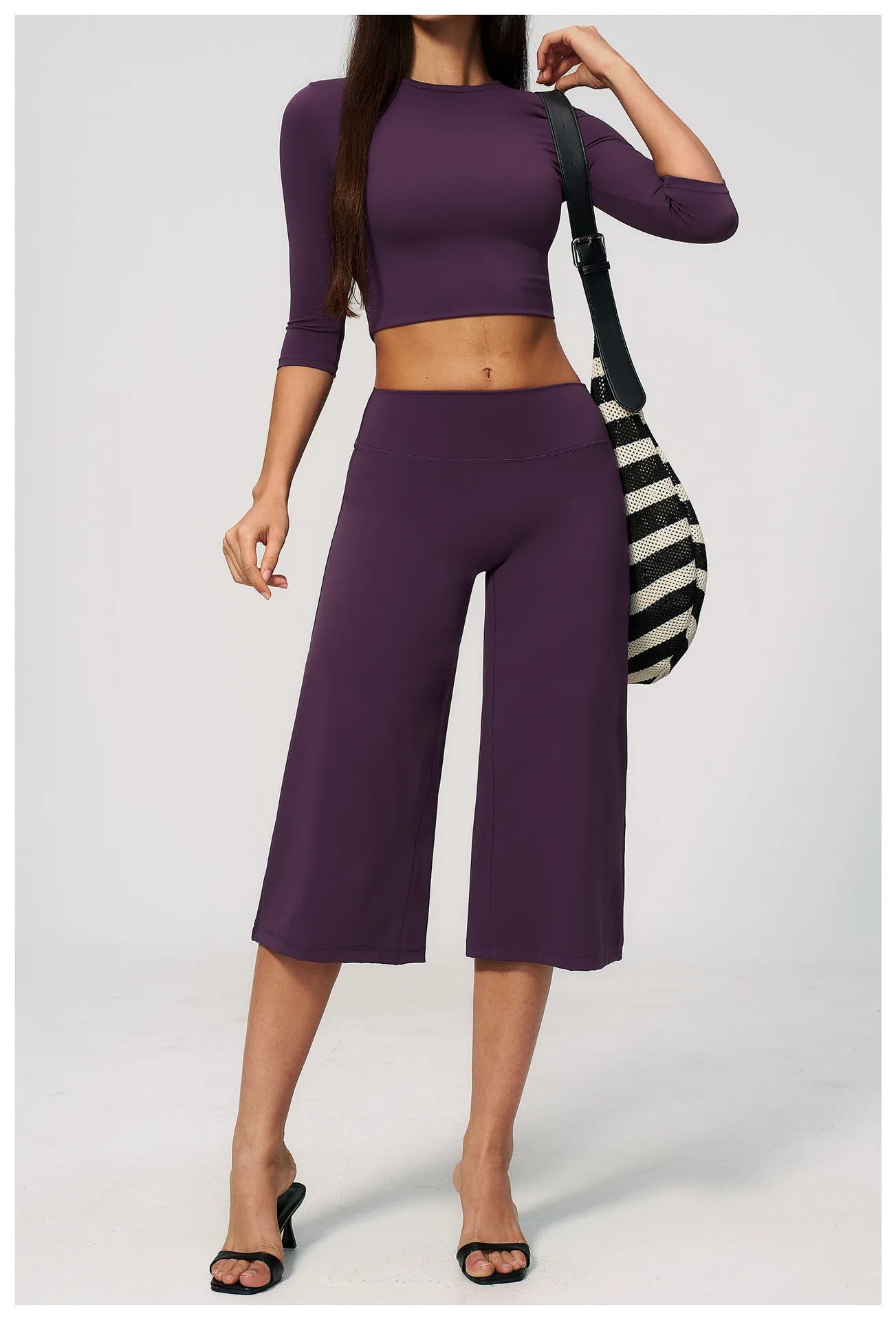  Half-Sleeve Crop Top & High-Waist Wide-Leg Cropped Pants | Gym Wear Wholesale |