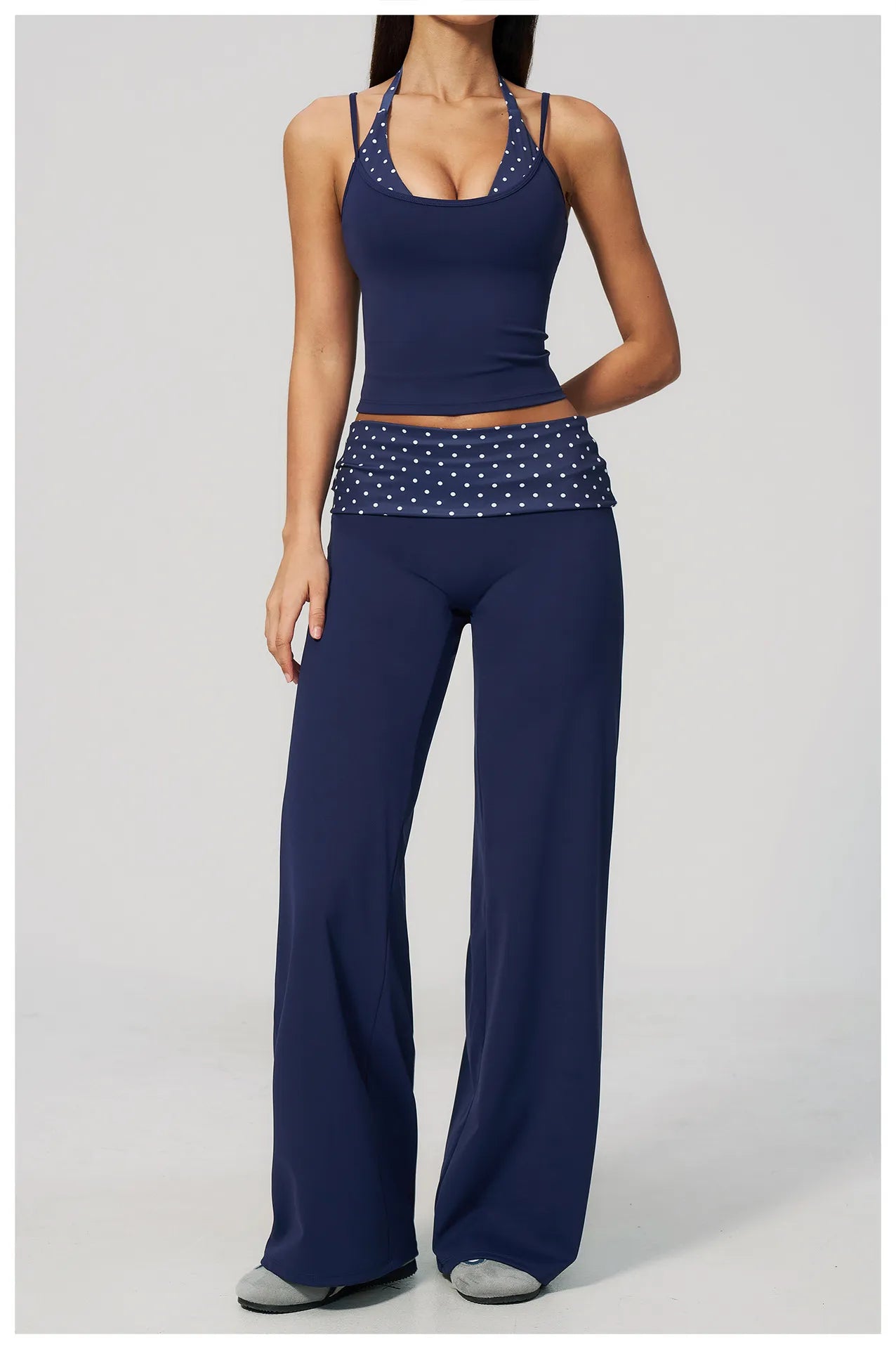 WutongActive Women's Retro Polka Dot 2-in-1 Gym Set | Open-Back Vest & Fold-Over Leggings Deep Navy Polka Dot