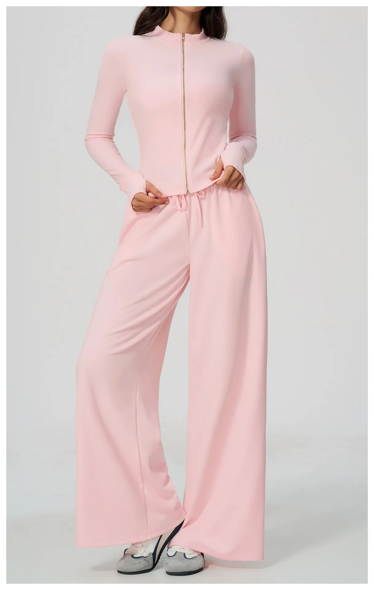 WutongActive Ribbed Dralon Thermal Yoga 2-Piece Set - Zip Jacket & Wide-Leg Pants | Gym Wear Supplier Soft Sakura Pink