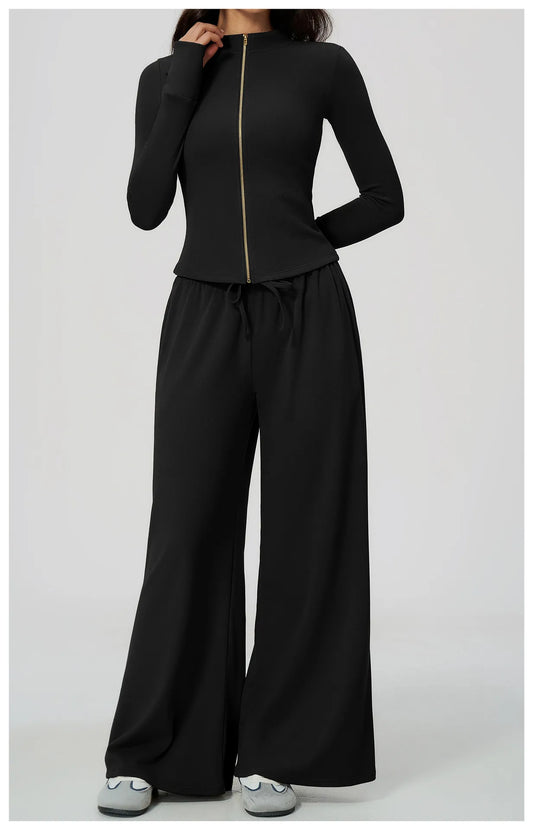 WutongActive Ribbed Dralon Thermal Yoga 2-Piece Set - Zip Jacket & Wide-Leg Pants | Gym Wear Supplier