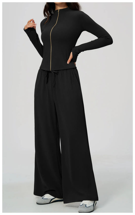 WutongActive Ribbed Dralon Thermal Yoga 2-Piece Set - Zip Jacket & Wide-Leg Pants | Gym Wear Supplier Classic Black