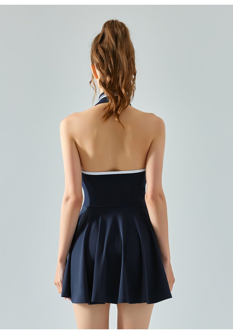 Anti - Peek Tennis Dress - Halter Neck Built - in Bra Backless Jumpsuit - WutongActive