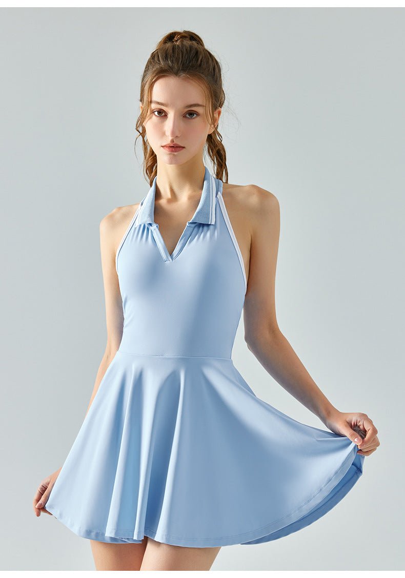 Anti - Peek Tennis Dress - Halter Neck Built - in Bra Backless Jumpsuit - WutongActive