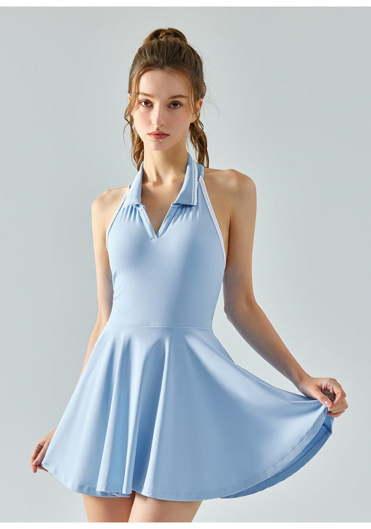 Anti - Peek Tennis Dress - Halter Neck Built - in Bra Backless Jumpsuit - WutongActive