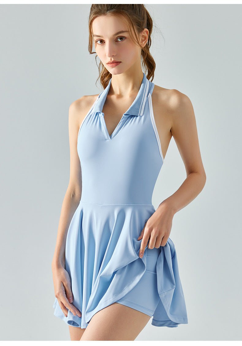 Anti - Peek Tennis Dress - Halter Neck Built - in Bra Backless Jumpsuit - WutongActive