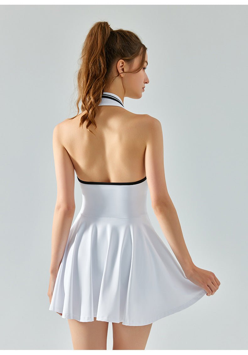 Anti - Peek Tennis Dress - Halter Neck Built - in Bra Backless Jumpsuit - WutongActive