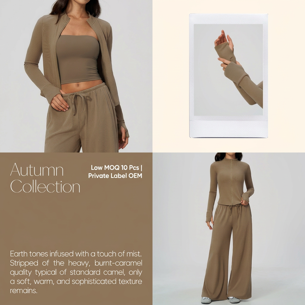 WutongActive Ribbed Dralon Thermal Yoga 2-Piece Set - Zip Jacket & Wide-Leg Pants | Gym Wear Supplier