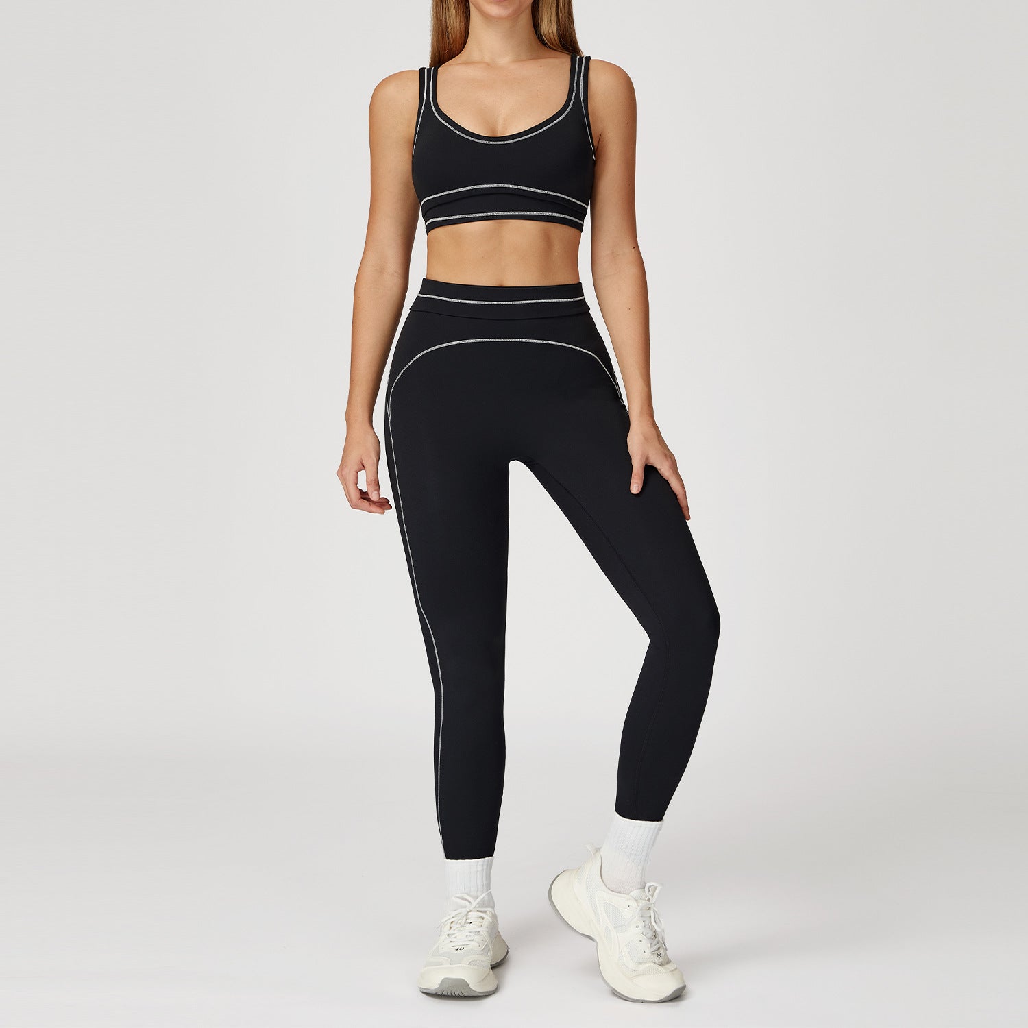 WutongActive Dual-Strap Workout Set - Color-Block Yoga Outfit for Women Premium Black