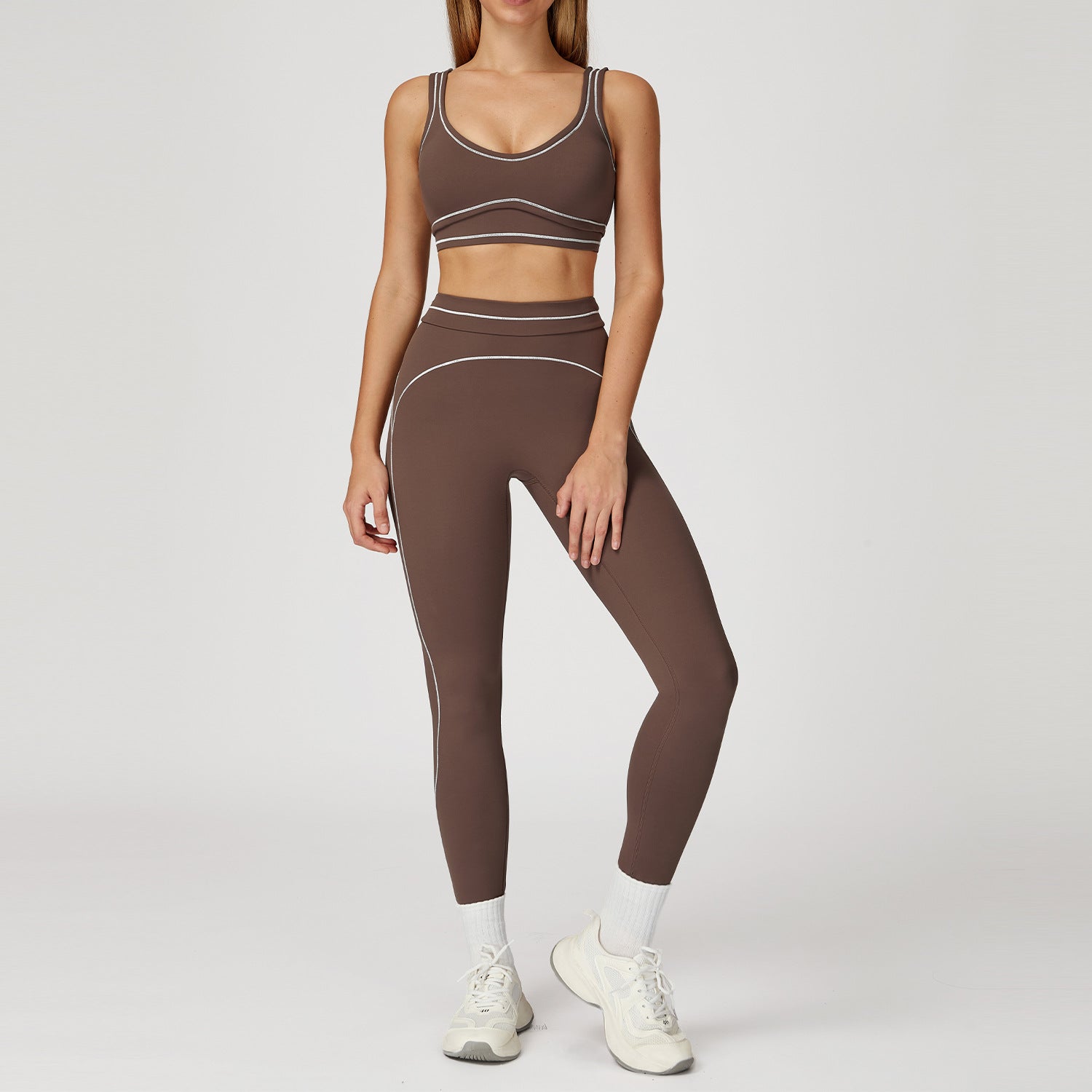WutongActive Dual-Strap Workout Set - Color-Block Yoga Outfit for Women Dark Chocolate Brown