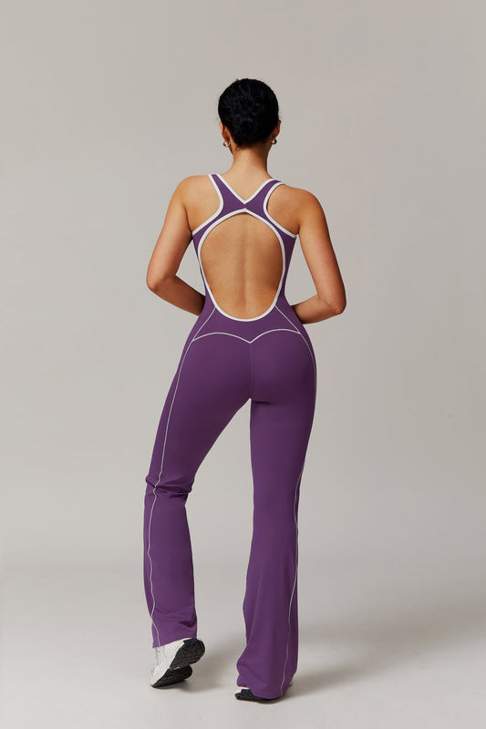 Hollow - Out Back & Hip - Lifting Gathered Flared Yoga Jumpsuit - WutongActive